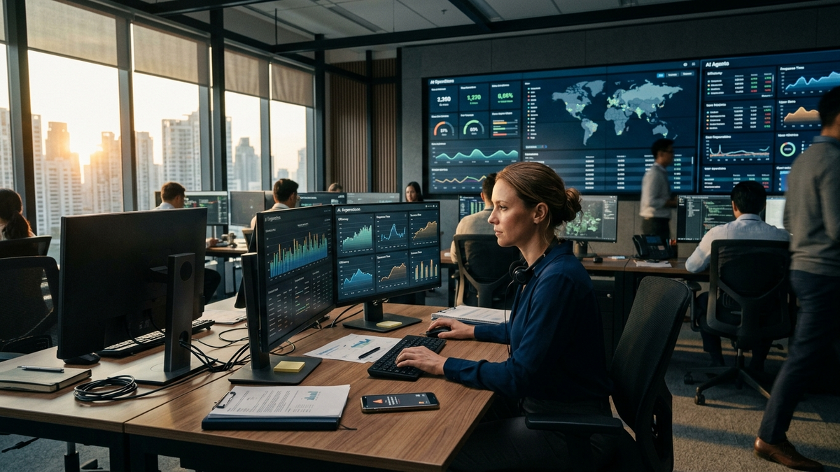 A solo operator at a glass whiteboard mapping the path from a GitHub repository to a cloud-backed agent session, with wall monitors showing live dashboards behind them