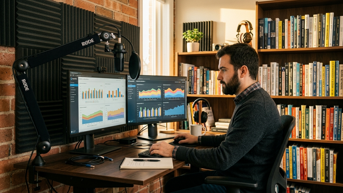 An operator studio with microphones, dual dashboards, and workflow notes arranged around a reusable AI workbench