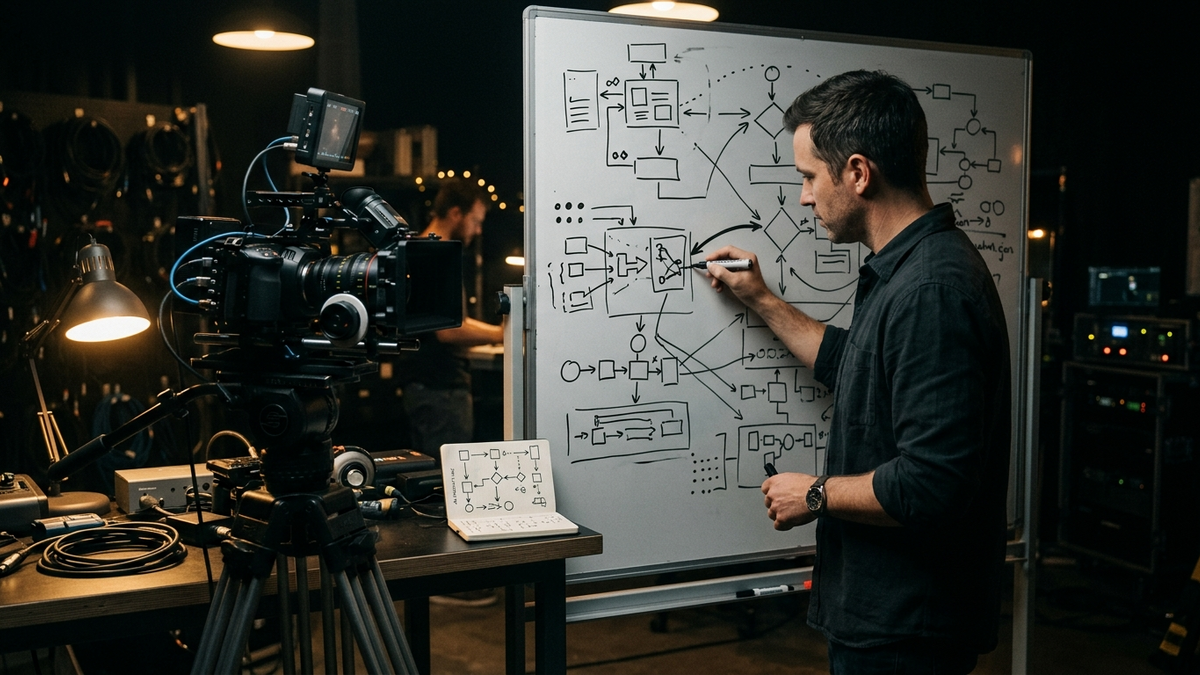 Operator reviewing queued AI jobs, browser tasks, and approval checkpoints across a bright studio operations desk