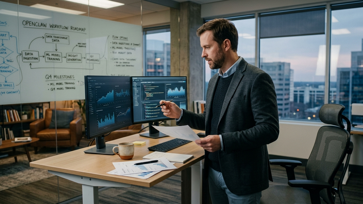 Founder reviewing scheduled AI workflows across dashboards, notes, and task queues in a bright studio office