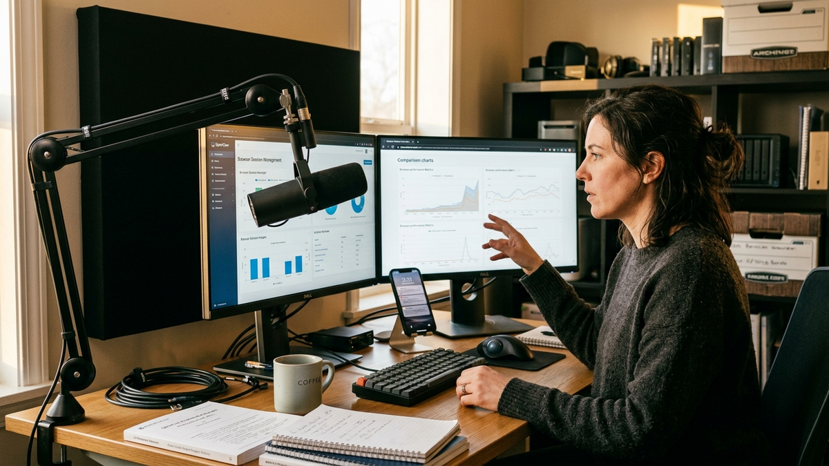 A solo operator at a desk with dual displays showing a shared Browser dashboard and analytics, alongside a notebook of recurring operator workflows