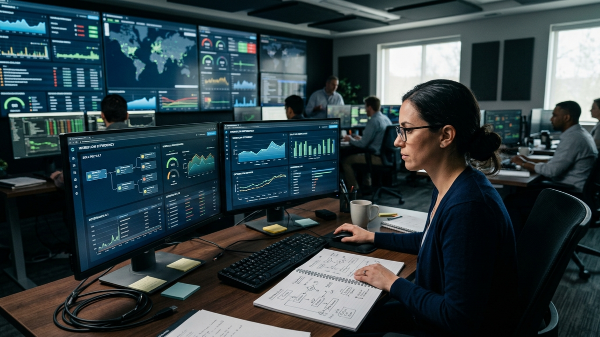 Operator reviewing skill files, workflow notes, and approval states across a planning desk