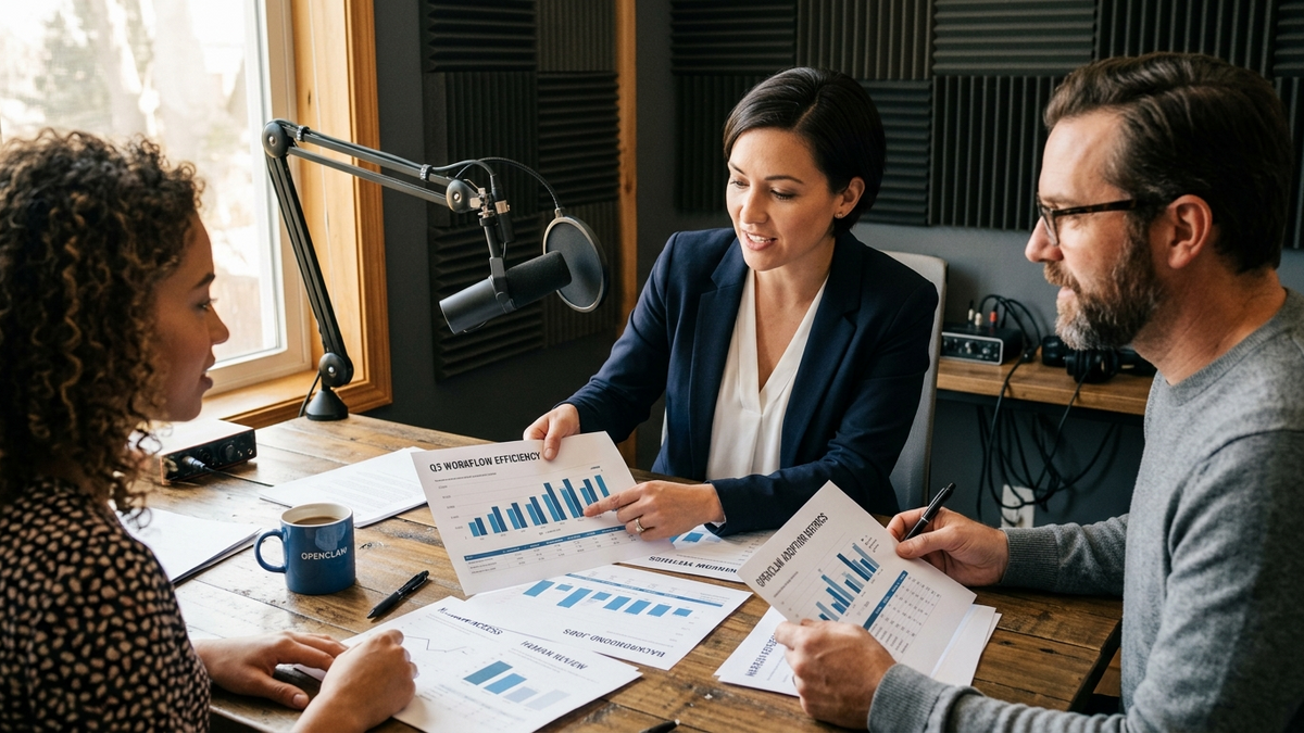 Operators reviewing a tightly scoped AI workflow with printed checklists, studio gear, and connected work surfaces