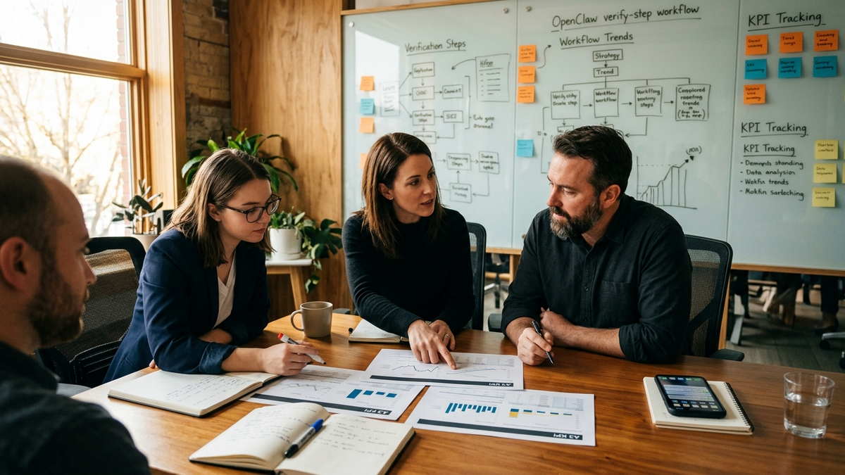 Operators reviewing AI workflow checkpoints around printed reports, sticky notes, and a phone alert in a bright strategy room