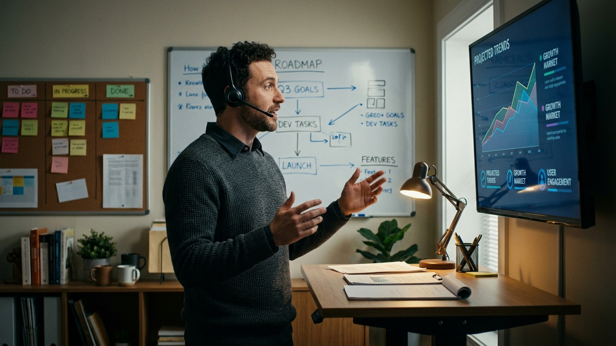 A solo operator in a headset standing in front of a roadmap whiteboard and kanban, talking to a customer while an OpenClaw Talk Mode voice session runs in the background