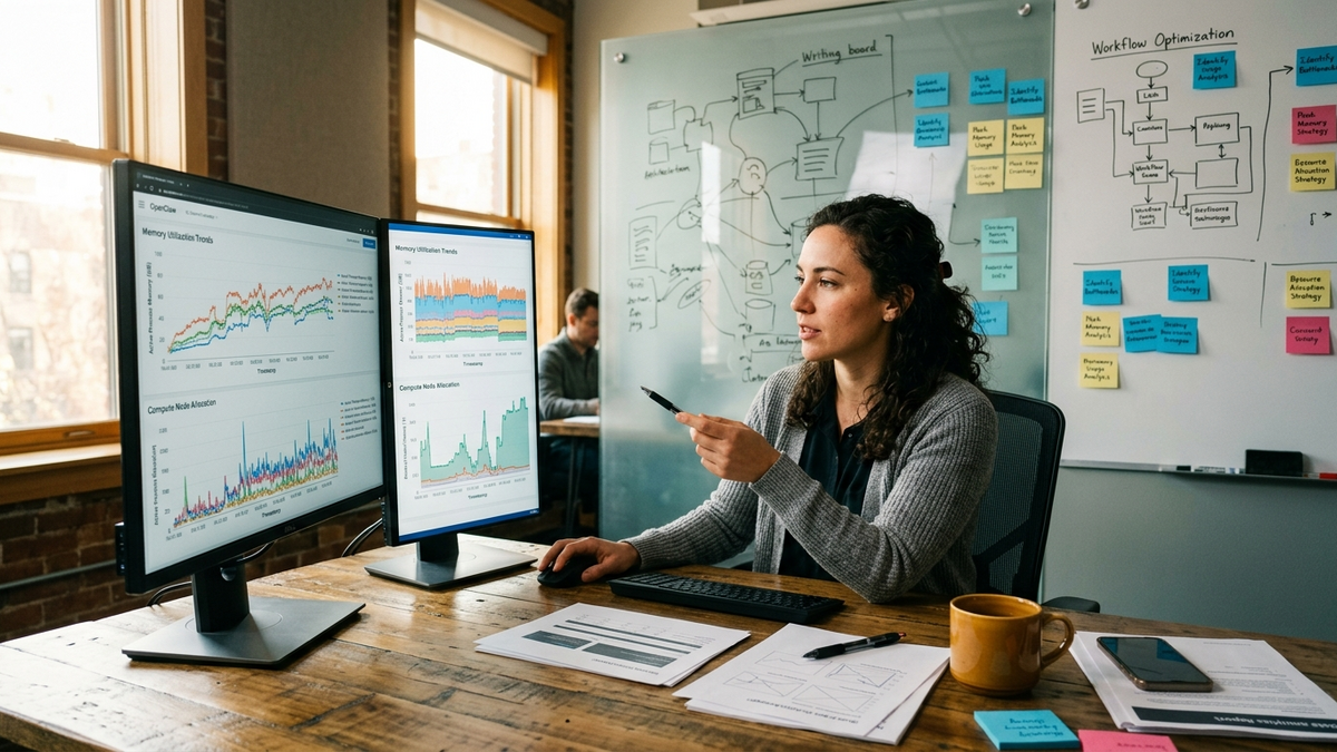 Operator reviewing persistent AI workflow context across whiteboards, dashboards, and session notes in a strategy room