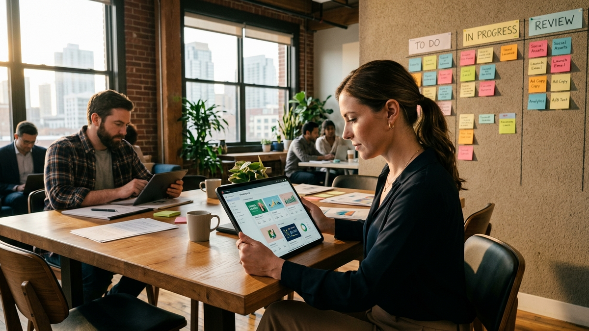 An operator reviewing reusable workflow cards and handoff notes across a collaborative planning table
