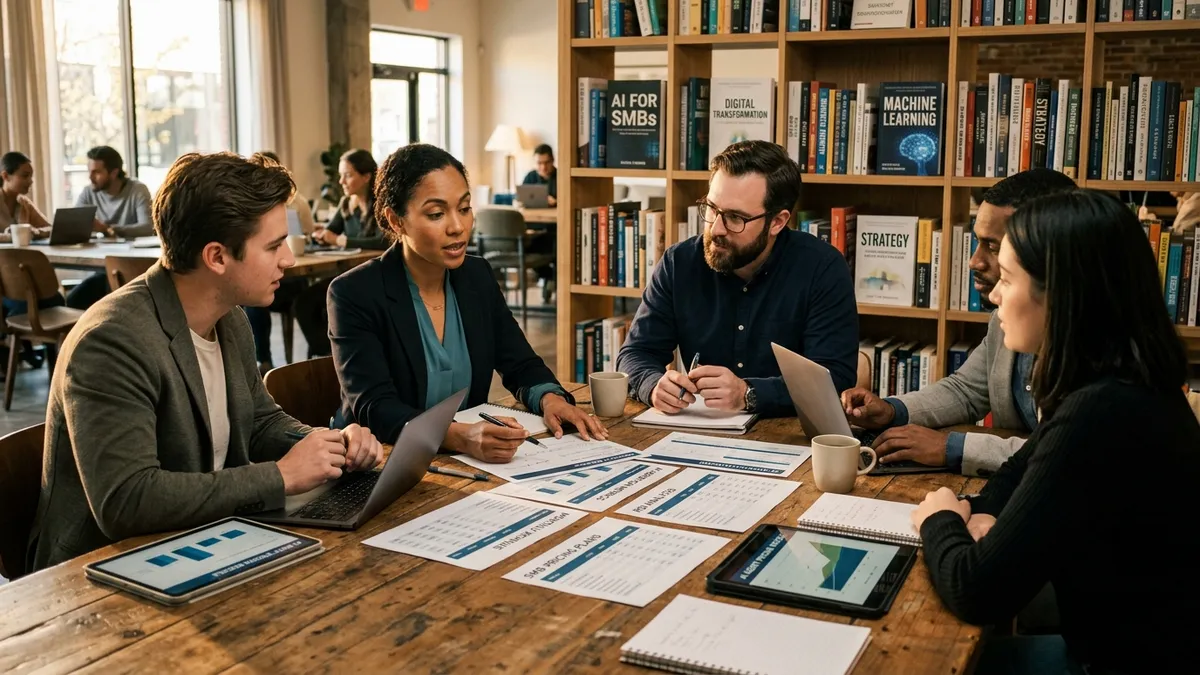 Team collaborating on AI agent pricing evaluation in modern co-working space