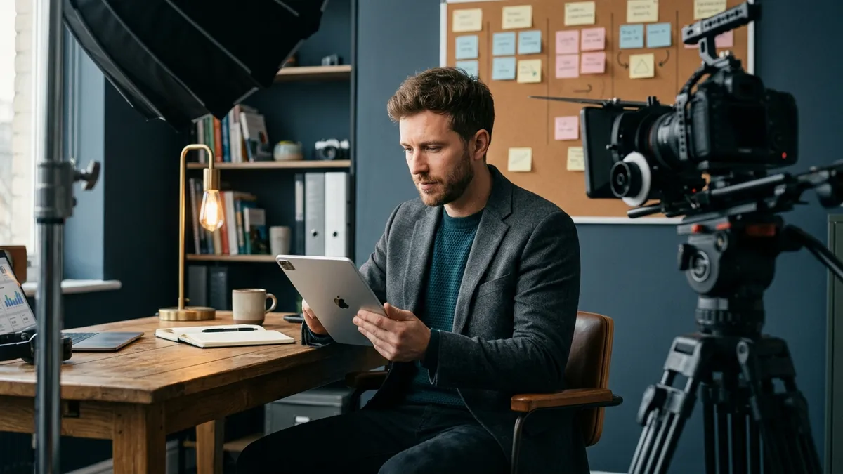 Operator comparing two model invoices and a routing policy diagram in a moody studio with desk lamps and a kanban wall