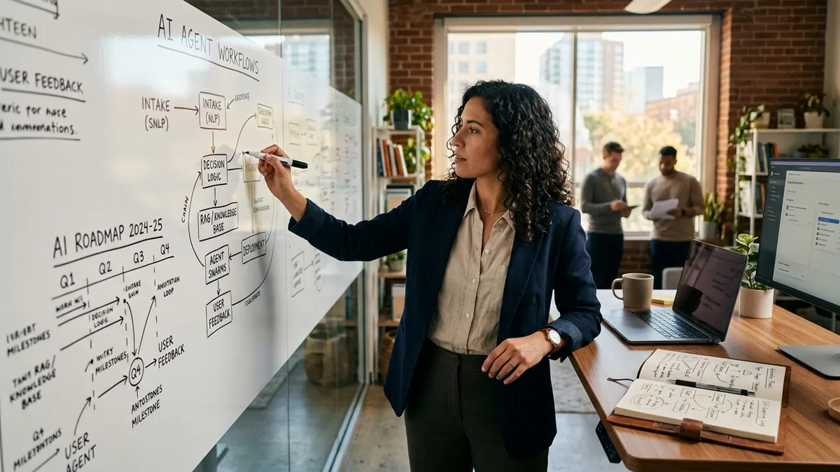 A solo operator sketching an AI agent eval loop on a whiteboard roadmap in a bright founder office