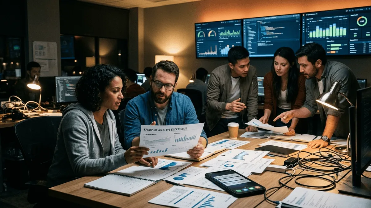 A small team reviewing open-source agent release notes and printout dashboards in a dim operations war-room lit by desk lamps