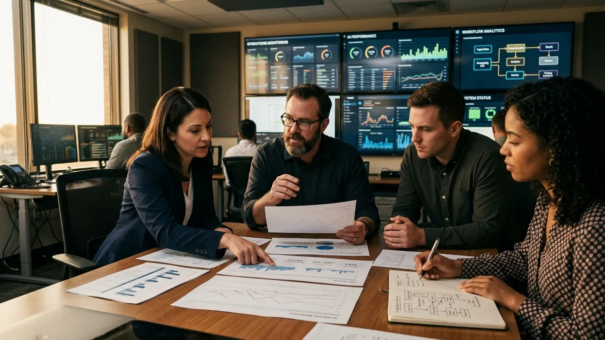 Operators reviewing AI workflow dashboards, printouts, and automation sketches in a newsroom-style workspace