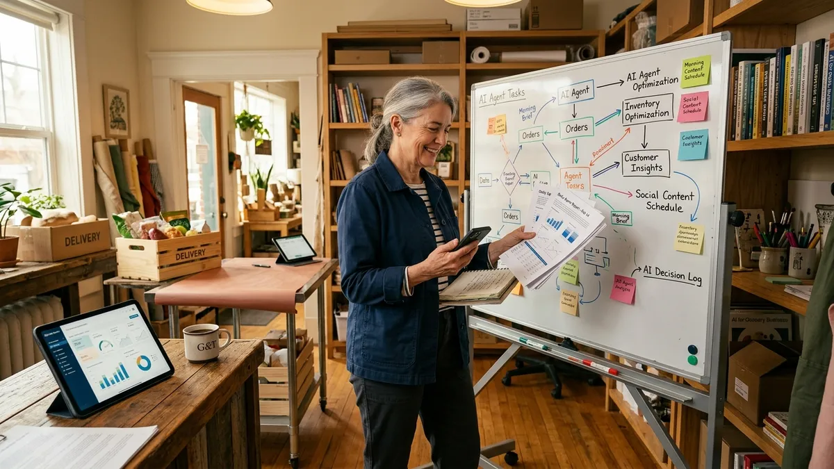 Small business owner standing beside a rolling whiteboard of workflow sketches in a sunlit shop office, holding a printed report and a phone