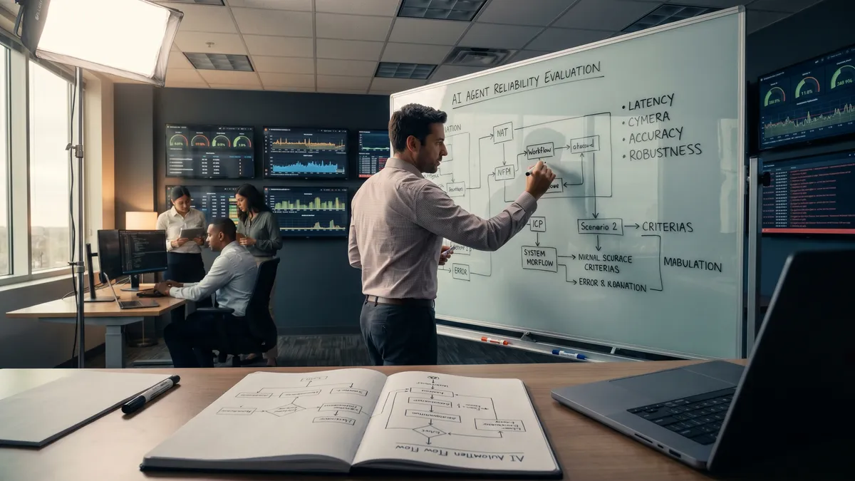 Operations war-room with dashboards showing AI agent performance metrics and evaluation frameworks