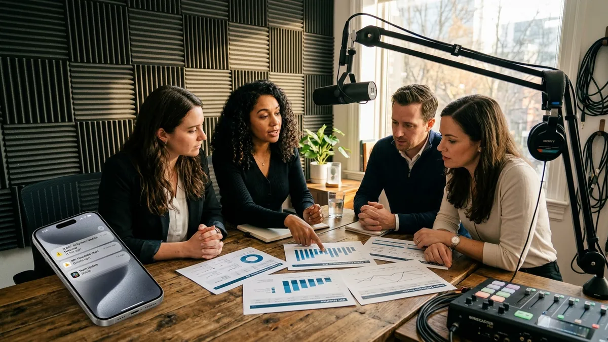 Operators mapping AI workflow stages across whiteboards, dashboards, and printed process cards in a studio workspace