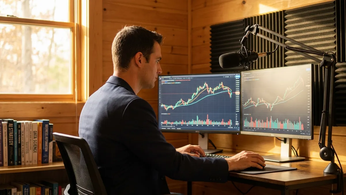 Professional workspace showing dual displays with workflow automation charts and performance metrics