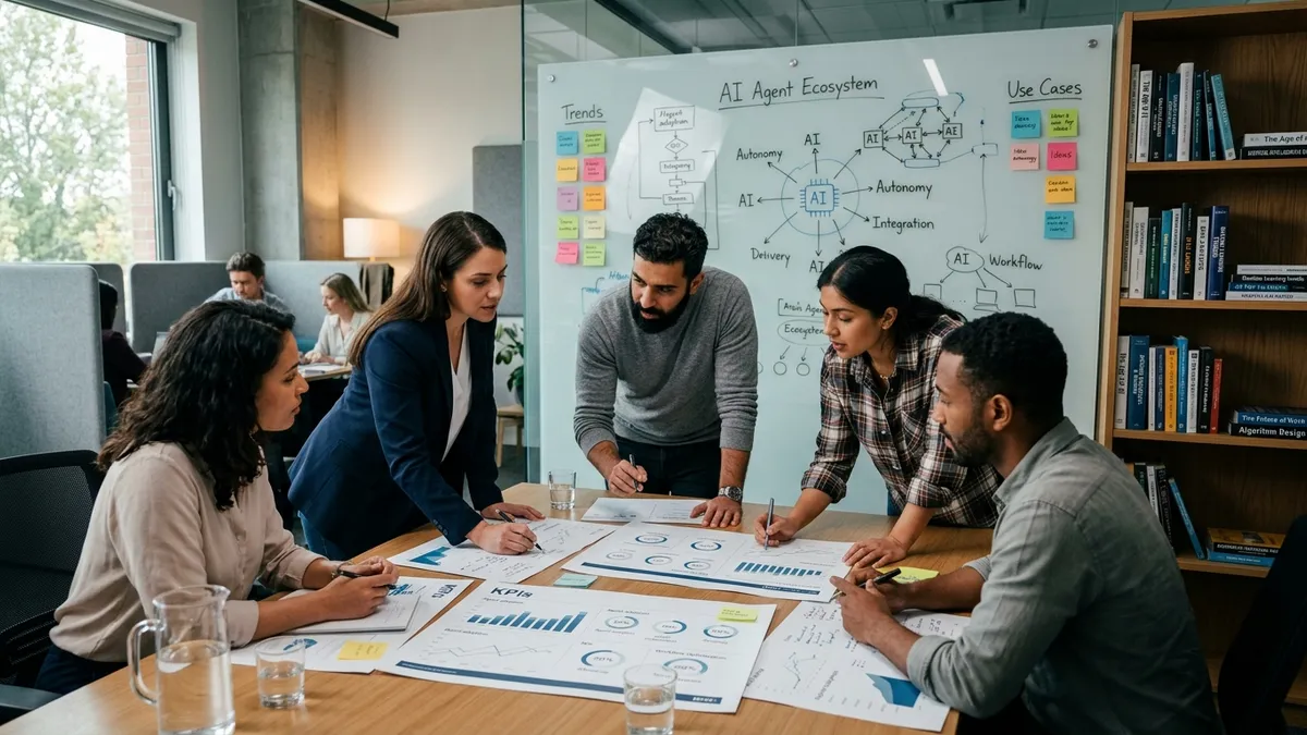 Small operations team reviewing parallel AI agent runs, evaluation dashboards, and queued approvals across a bright studio wall