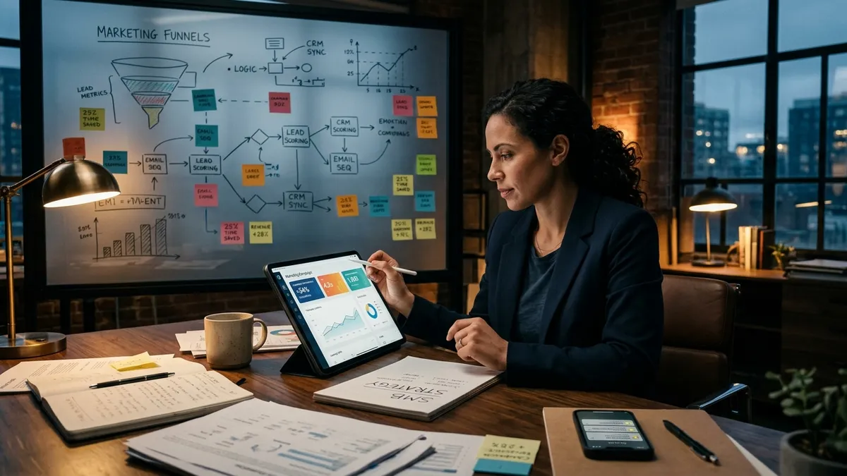 Small business professional reviewing automation metrics in a modern workspace