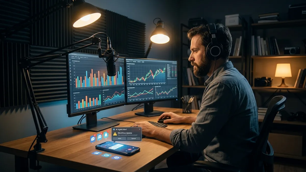 Solo operator managing AI agent workflows in professional workspace