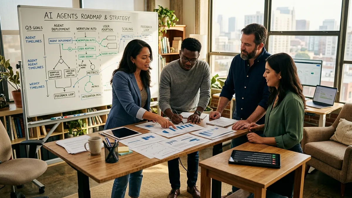 A small operations team coordinating specialized AI agents across planning, research, and browser-based tasks in a bright founder office
