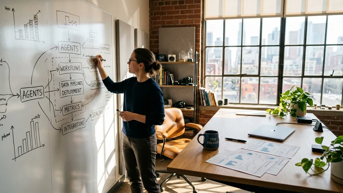 Operator mapping an agent workflow on a whiteboard flowchart in a sunlit studio office, desk and city windows behind her