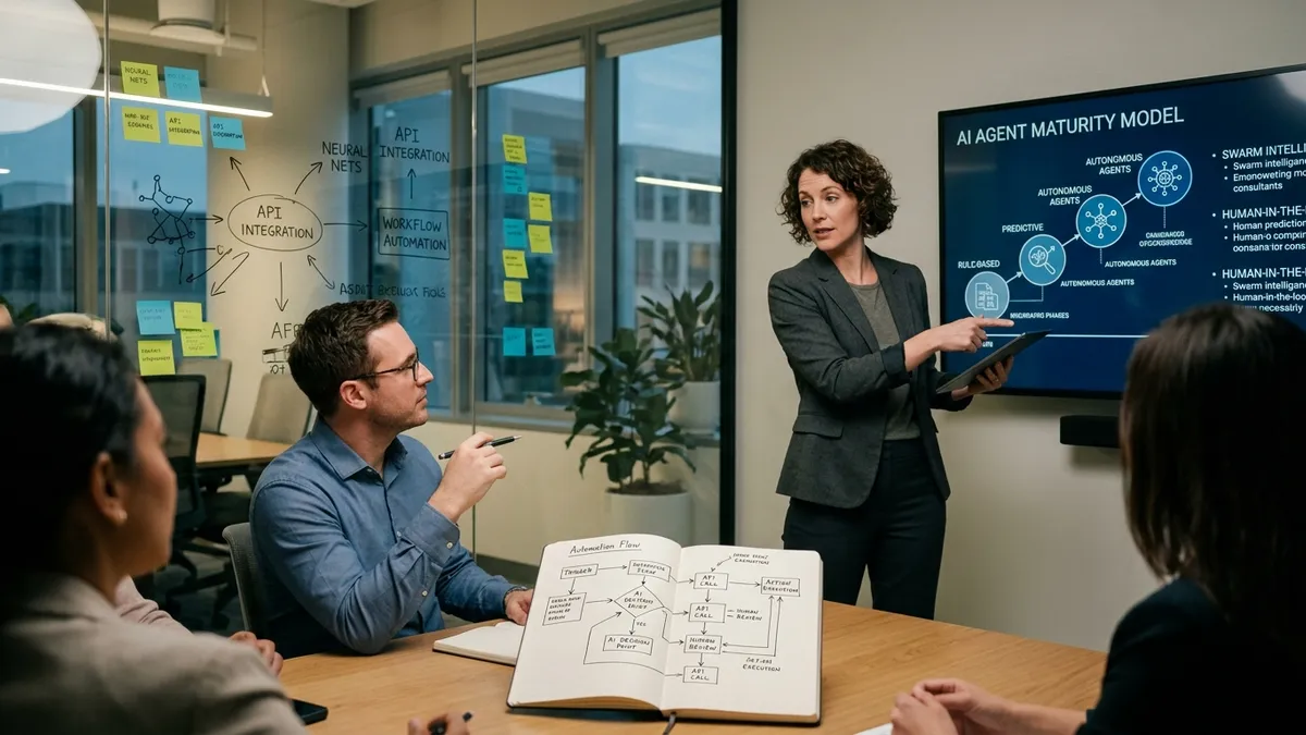 Operator workshop planning workspace-native AI automations with flow diagrams and sticky notes