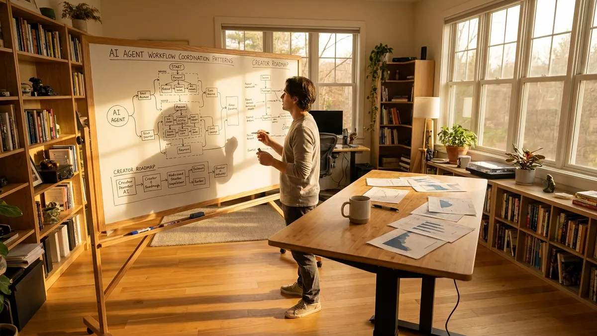 Operator mapping AI agent workflows on whiteboard in founder office