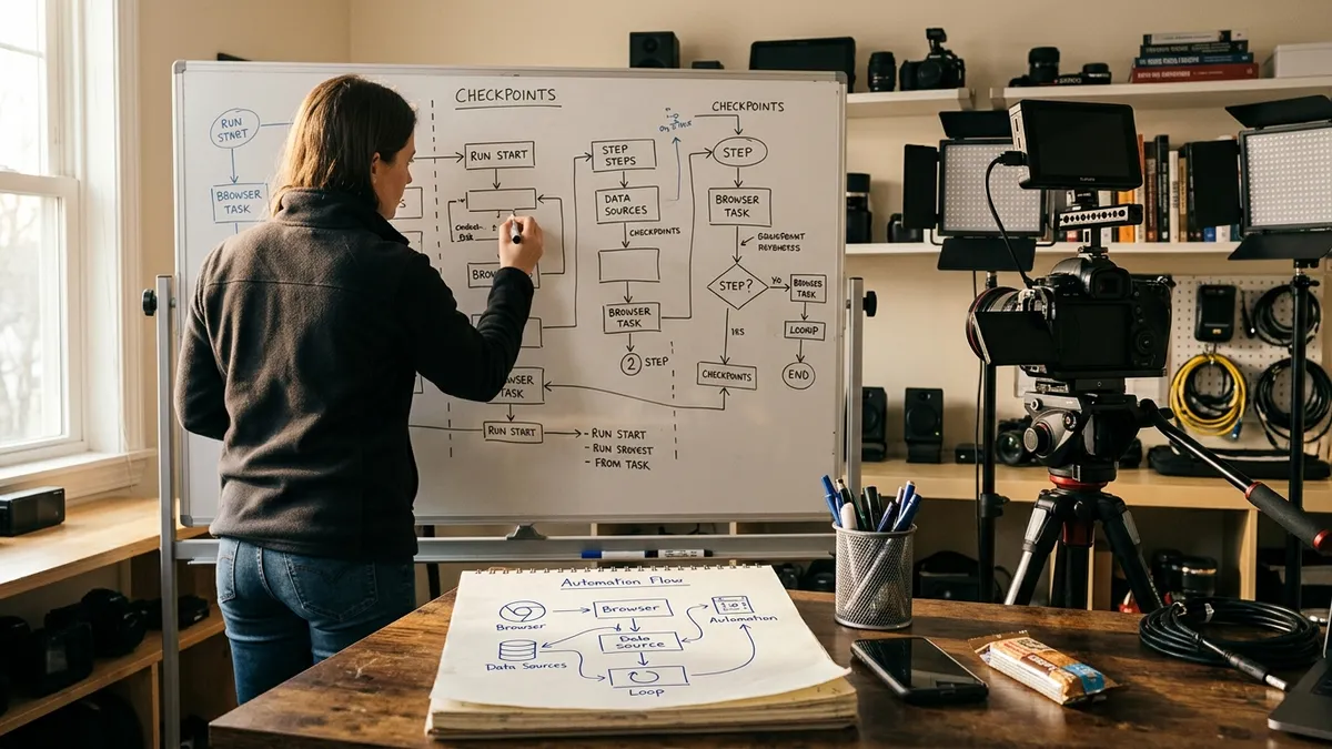 Operator mapping browser-based AI workflows on a whiteboard beside a studio desk with notes and monitoring screens