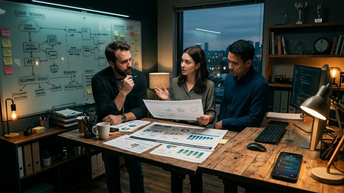 Three business professionals discussing data charts and project roadmap at an office desk with a whiteboard displaying cloud architecture diagrams in the background