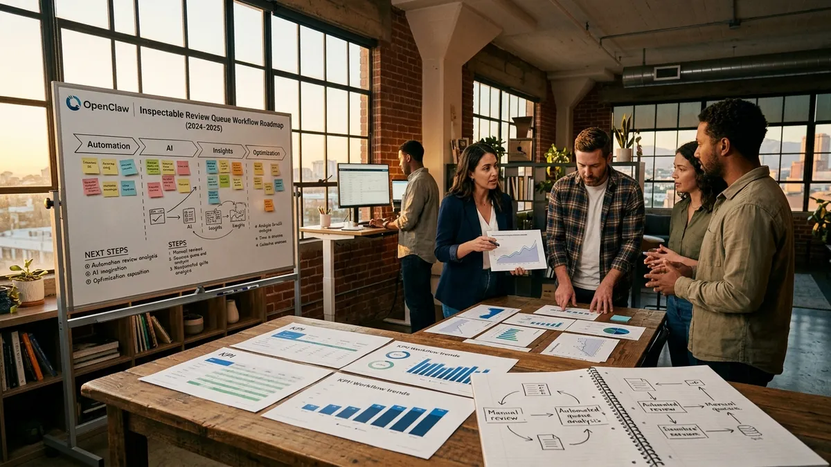 An operator review desk with queued AI tasks, printed checklists, and collaborative dashboards in a bright studio office