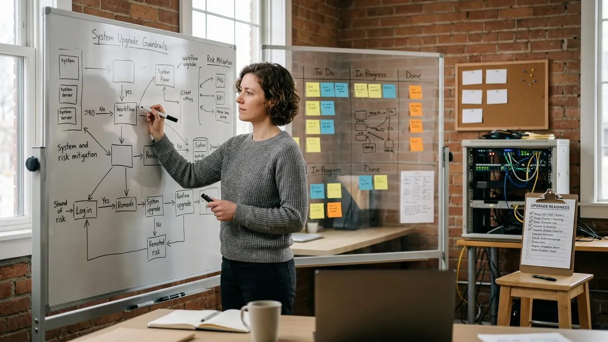 Solo operator sketching system upgrade guardrails on a glass whiteboard in a brick-walled workshop, with a home-lab server rack and a kanban board of sticky notes behind