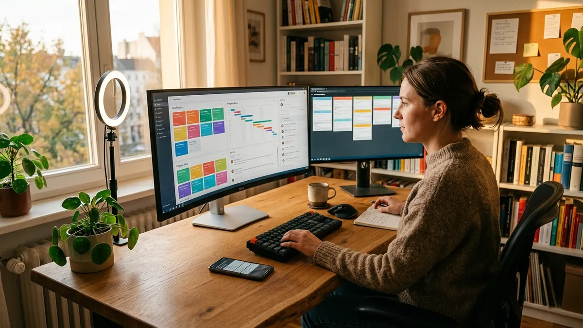 Solo operator at a home-office desk reviewing agent task dashboards on an ultrawide monitor beside a smartphone, with a ring light and bright window in the background