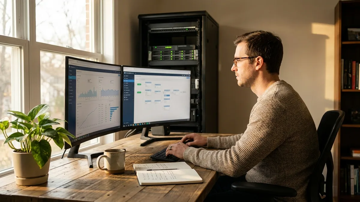 Small business owner reviewing automated workflow dashboards in a home office with visible server infrastructure