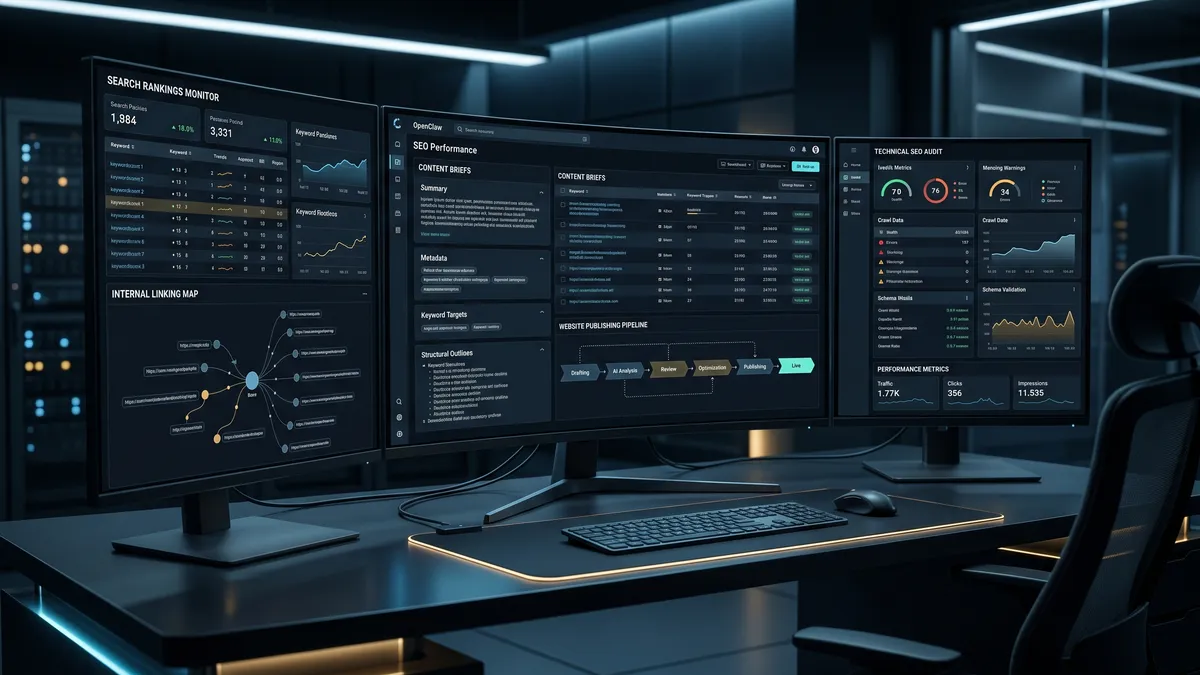 Autonomous SEO workstation using OpenClaw with rankings, research panels, technical audits, content briefs, and publishing pipelines