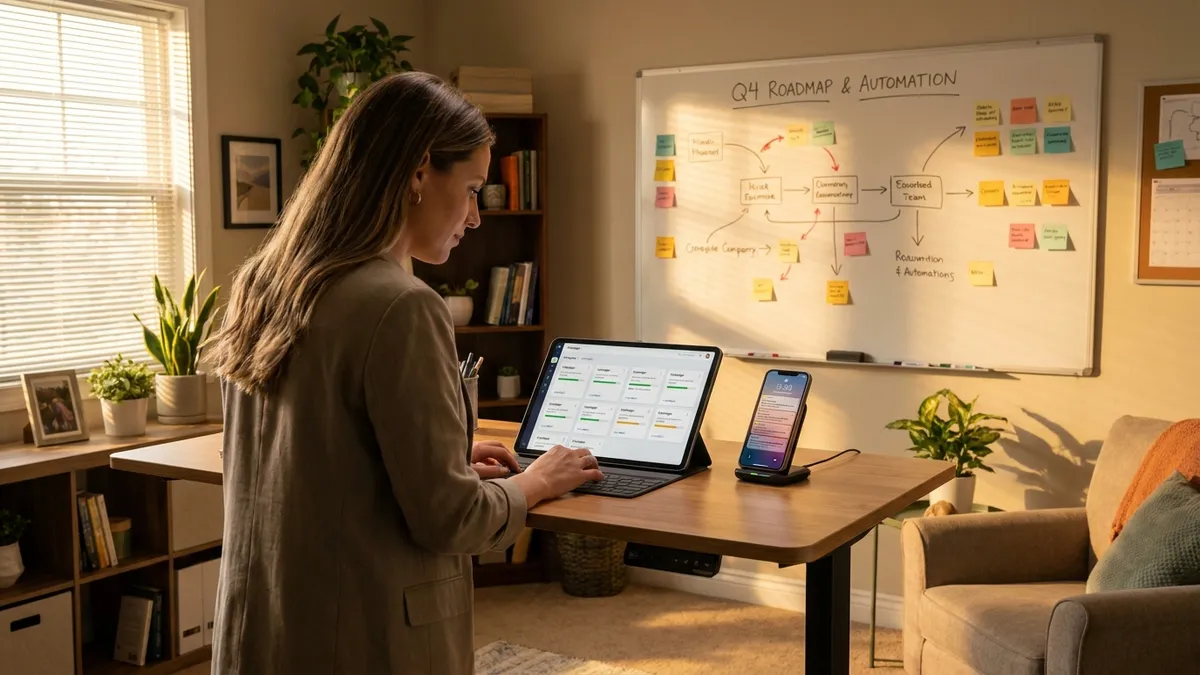 Small business founder reviewing AI workflow automation system on tablet in modern office