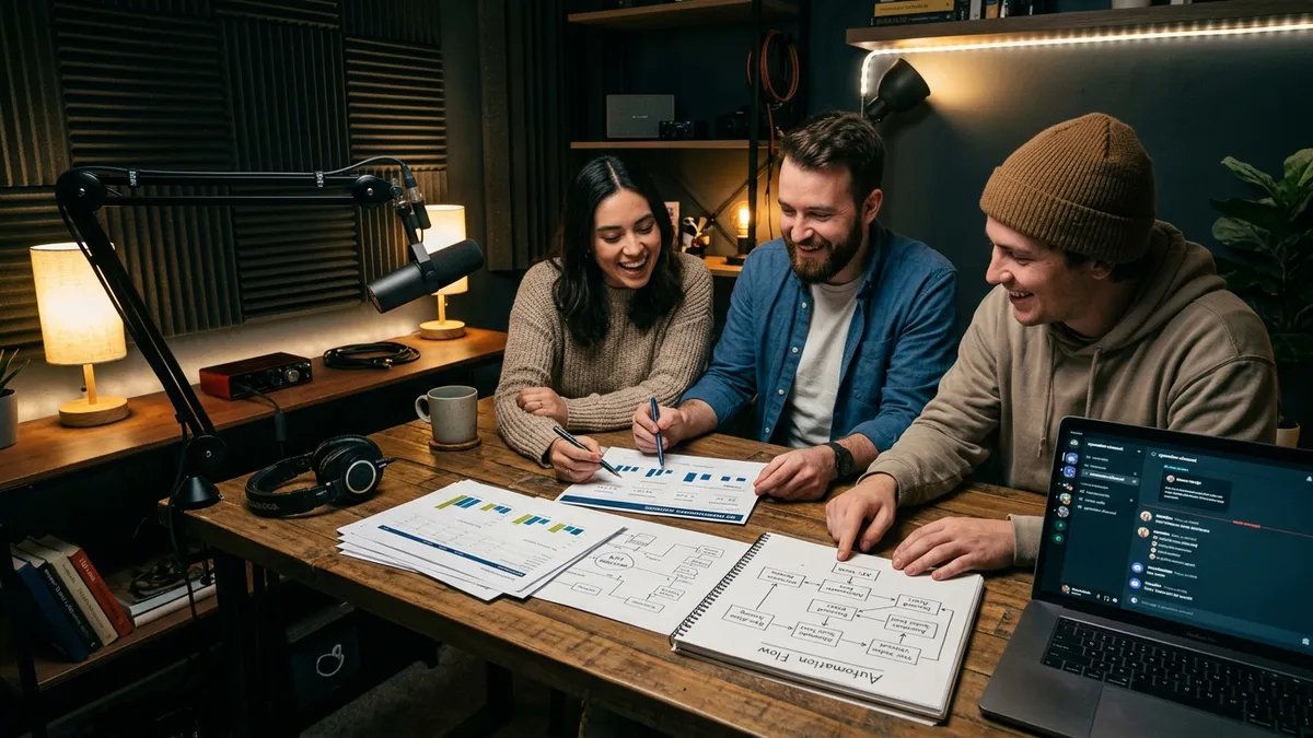 A solo creator in a podcast recording corner answering an inbound call while a microphone arm and acoustic panels frame the scene, with a notebook of automation sketches and a smartphone showing X mentions on the desk