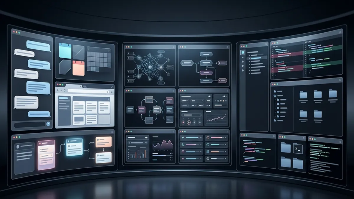 A cinematic split-screen command center showing an operator-focused agent dashboard, a sprawling multi-platform harness, and a code-first terminal workflow