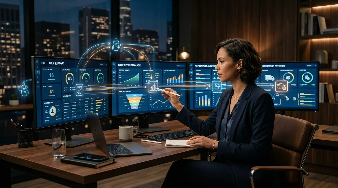 Small-business operator reviewing AI-driven sales, support, and operations dashboards in a premium dark office.