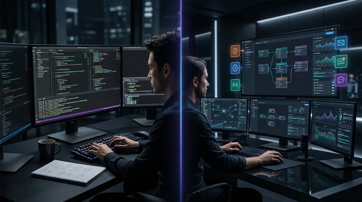 Split-scene comparison of a coding terminal environment and an orchestration dashboard for AI workflows.