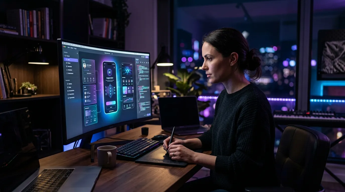 Founder using AI-assisted app-building tools with glowing interface panels in a refined dark workspace.