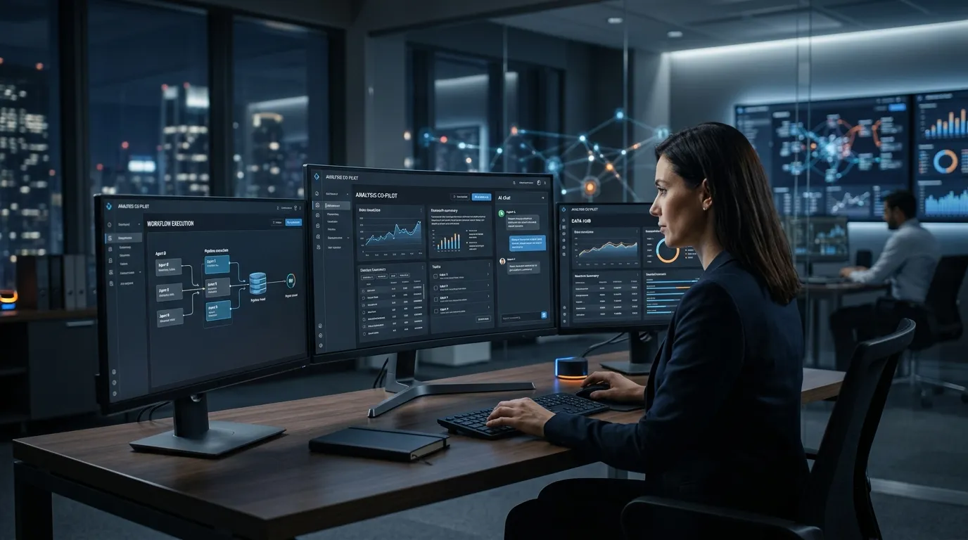 Operators working across multiple AI copilots and analysis dashboards in a dark premium workspace.