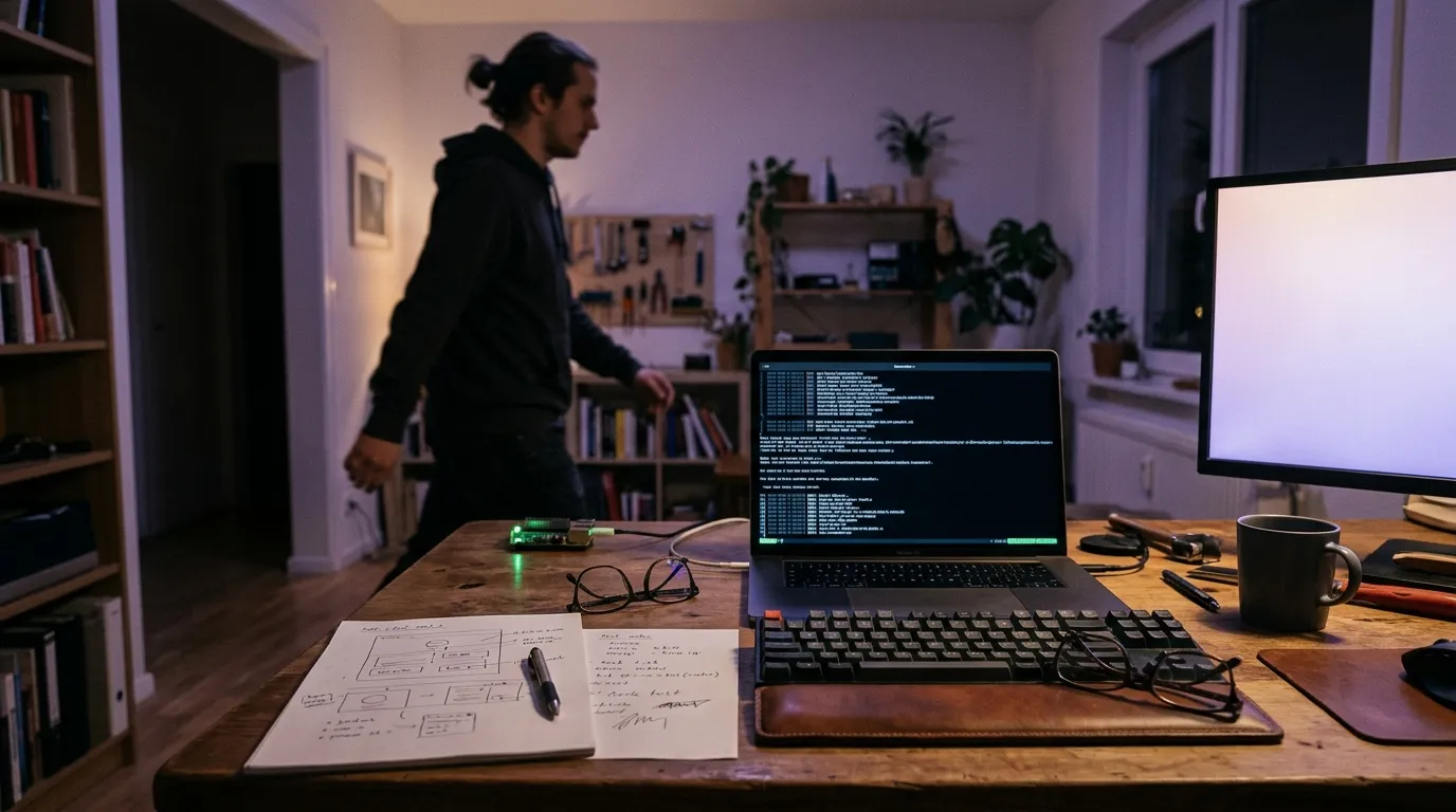 Calm late-night developer workspace with handwritten notes and a system quietly watching builds